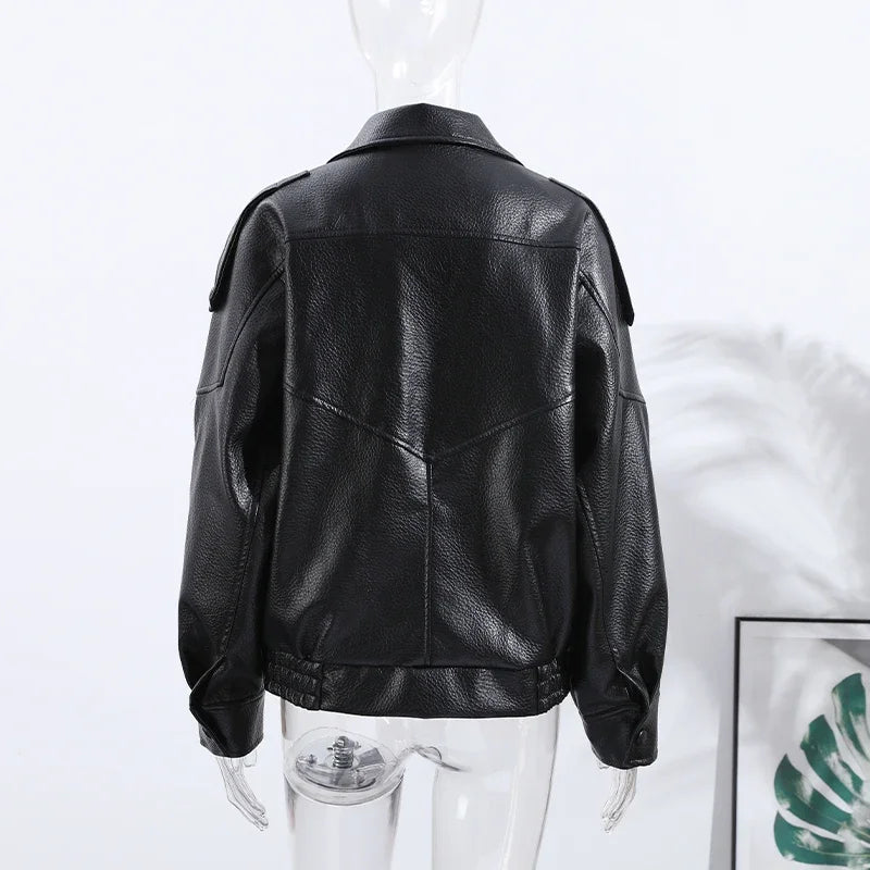 Fashion Leather Women's Jacket Y2k Street Single-breasted High Neck Female Coats 2026 Autumn Black Pu Long Sleeve Lady Jackets