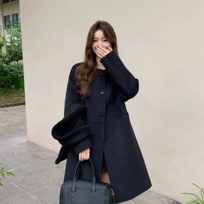 Autumn and winter hot fashion round neck scarves, medium to long styles, small women's double-sided wool coats with temperament,