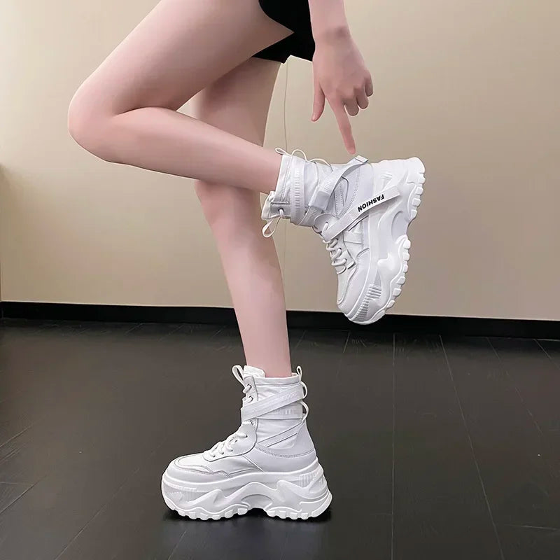 Fashion Platform Ankle Boots for Women Chunky Thick Sole Lace Up Motorcycle Boots Ladies Light Cozy Non-slip Shoe Botas De Mujer