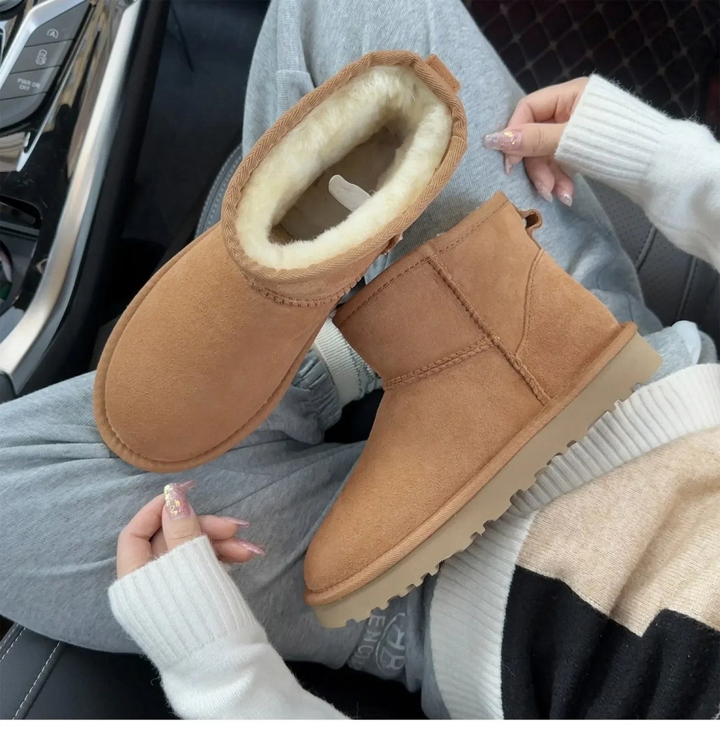 5854 men's and women's sheepskin and wool snow boots, integrated fur and leather, winter thick and warm women's boots