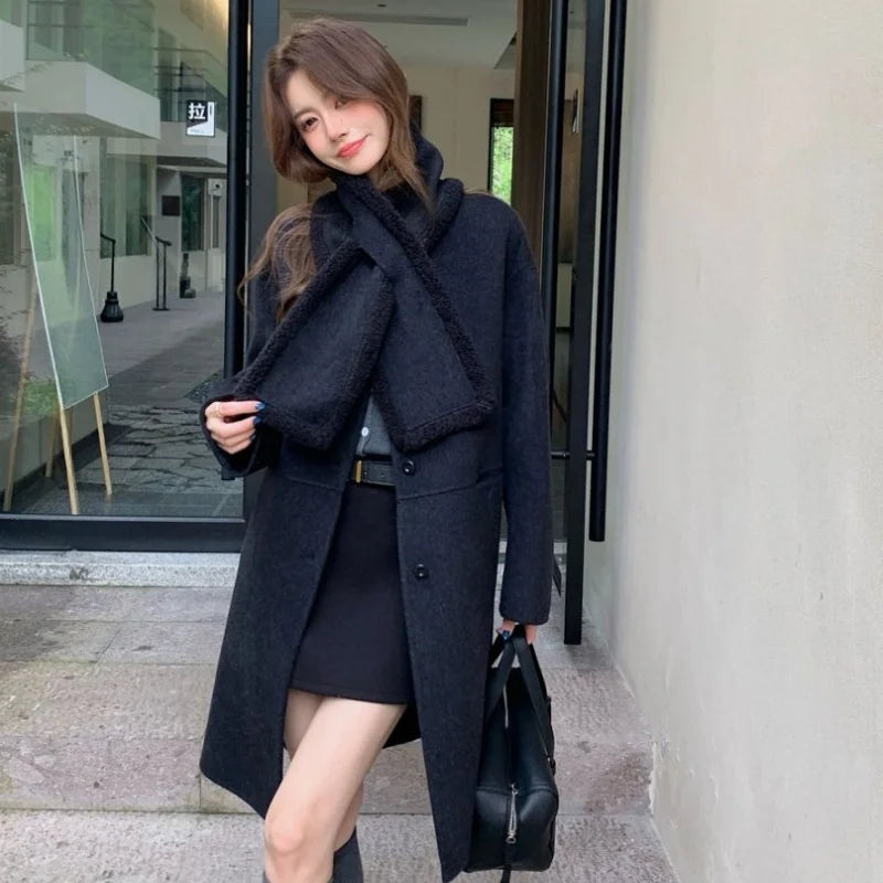 Autumn and winter hot fashion round neck scarves, medium to long styles, small women's double-sided wool coats with temperament,
