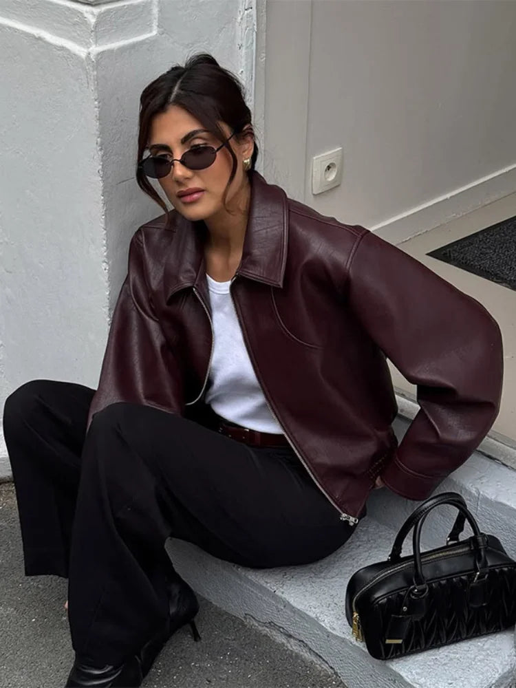 Women Chic Brown Leather Jacket With Belt Chic Full Sleeve Laple Zipper Short Coats 2026 Autumn New Ladies Street Biker Jackets