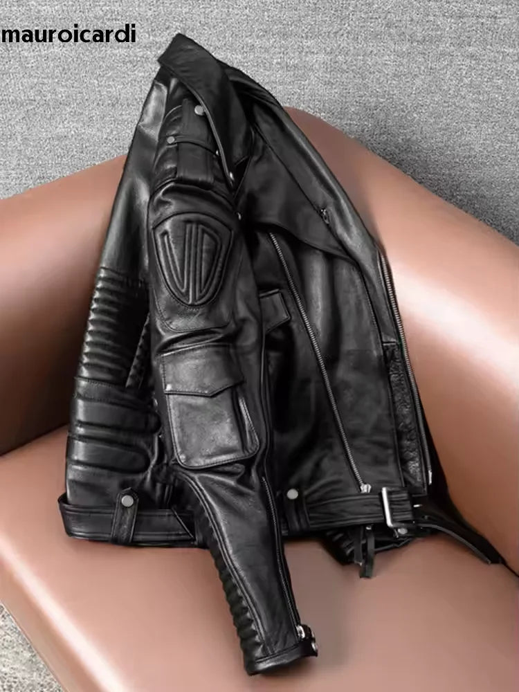 Mauroicardi Spring Autumn Cool Hard Black Pu Leather Motorcycle Biker Jacket Men Belt Zipper Luxury Designer Fashion Clothes