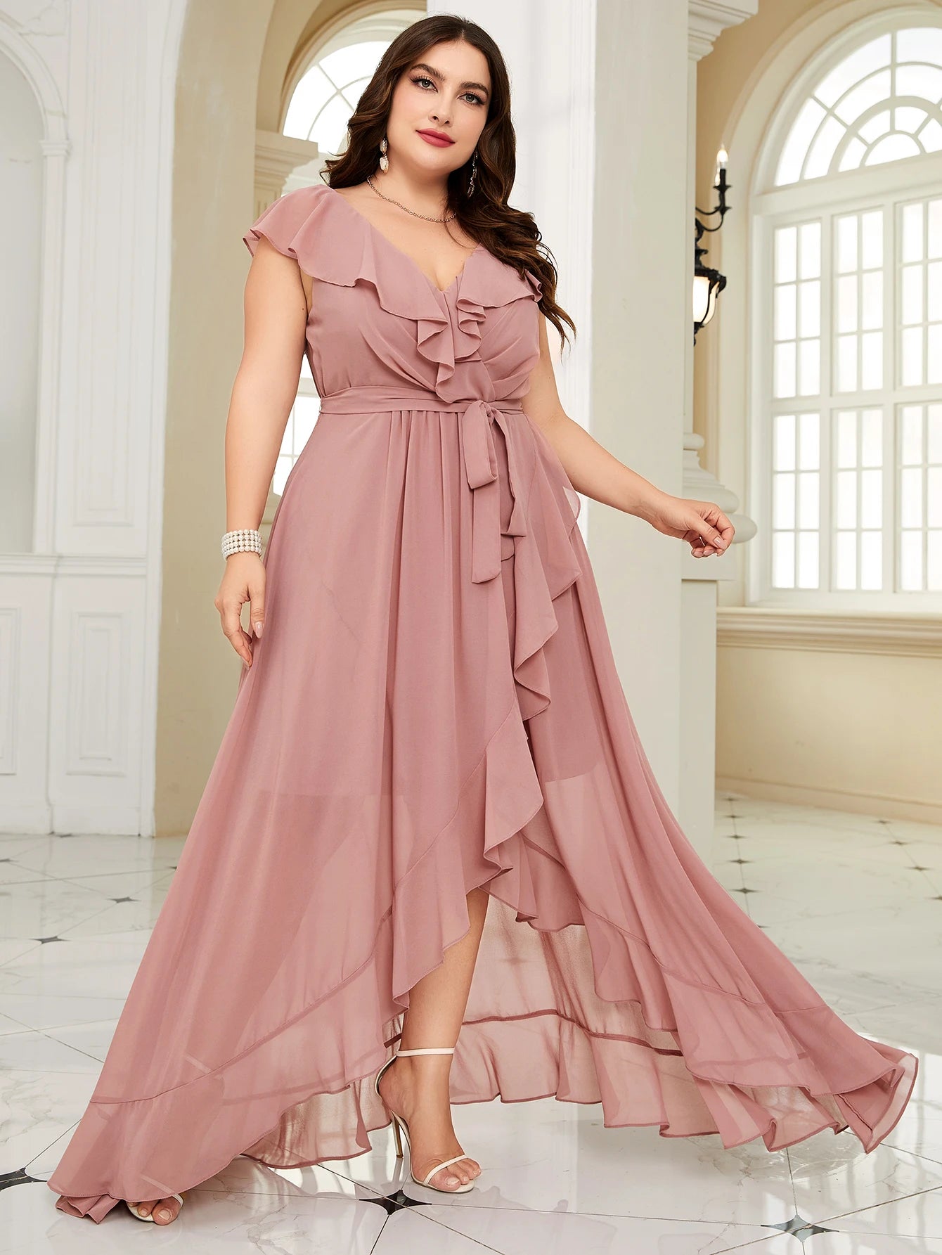 Unithorse Plus Size Women Summer Asymmetric Ruffle Lace Dress With Waist Belt Elegant Chiffon Formal Bridesmaid Dress