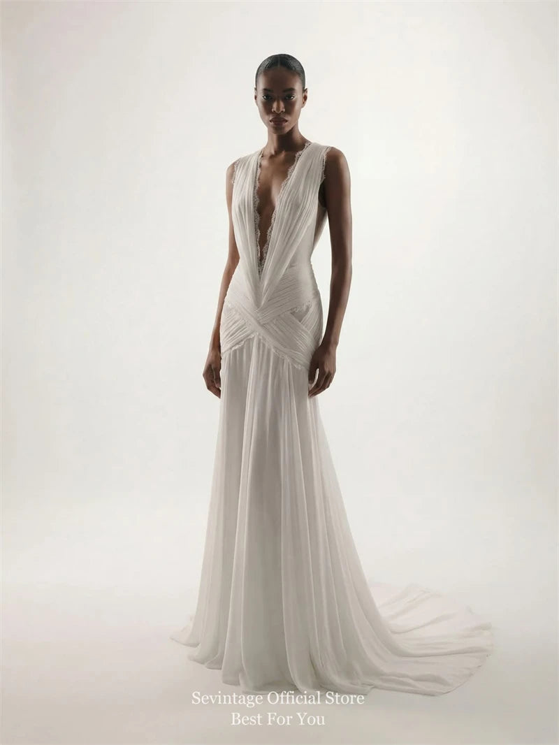 Sevintage Bohemian Chiffon Wedding Dresses Dark V-Neck Sleeveless Bridal Gowns Backless Pleated Lace A-Line Wedding Gowns Custom