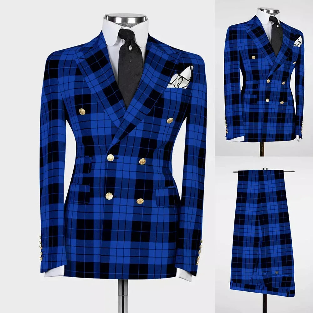 British Style Plaid Check Suits Men 2 Pieces Sets Double Breasted Prom Blazers Customized Man Business Daily Party Tuxedos