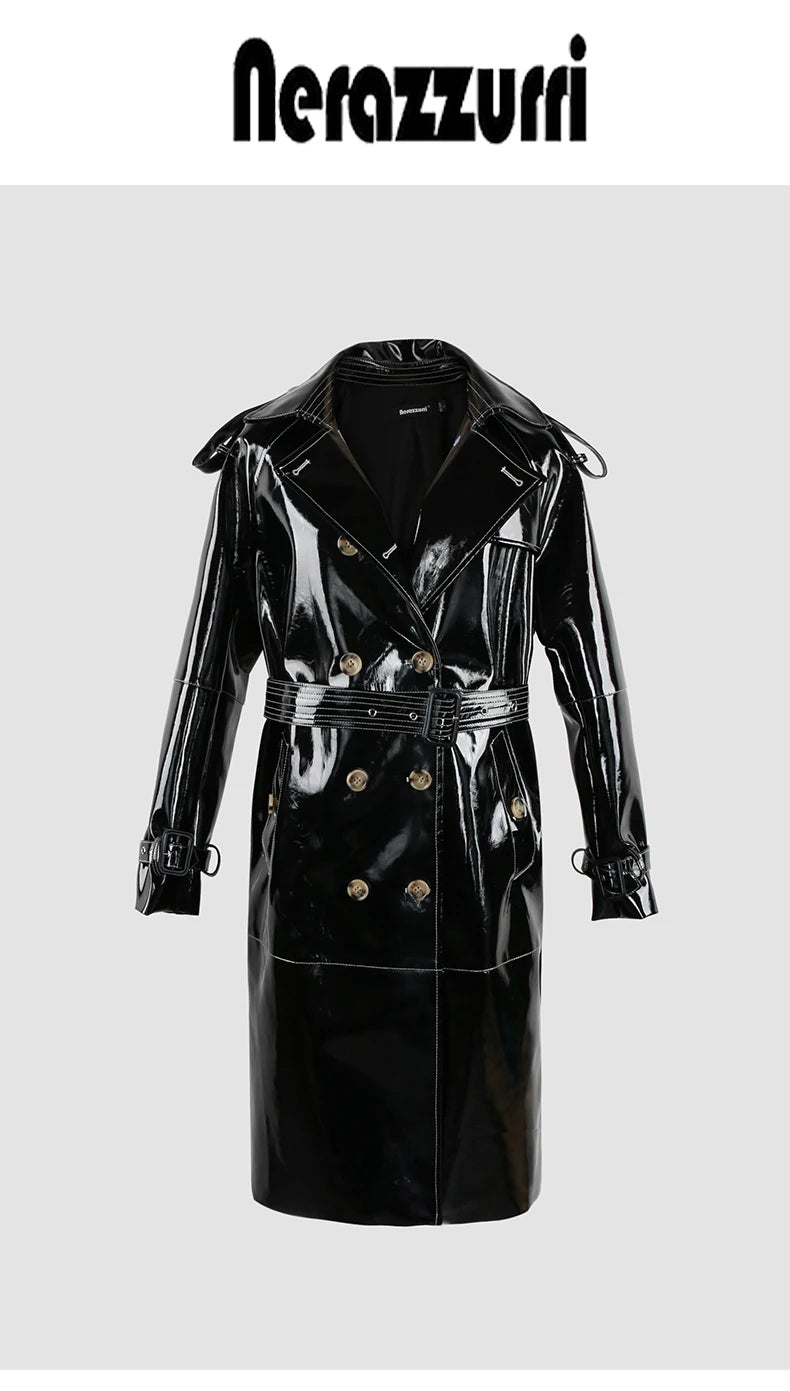 Nerazzurri Autumn Long Shiny Black Red Patent Pu Leather Trench Coat for Women Belt Double Breasted Luxury Designer Clothes 2023