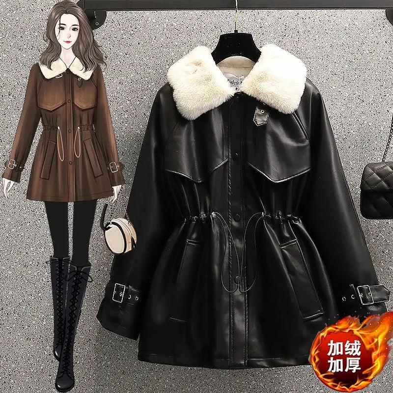 2026 Winter Age Reduction with Thick Velvet Loose Stand up Collar Motorcycle Wear PU Leather Jacket Long Sleeve Coat for Women