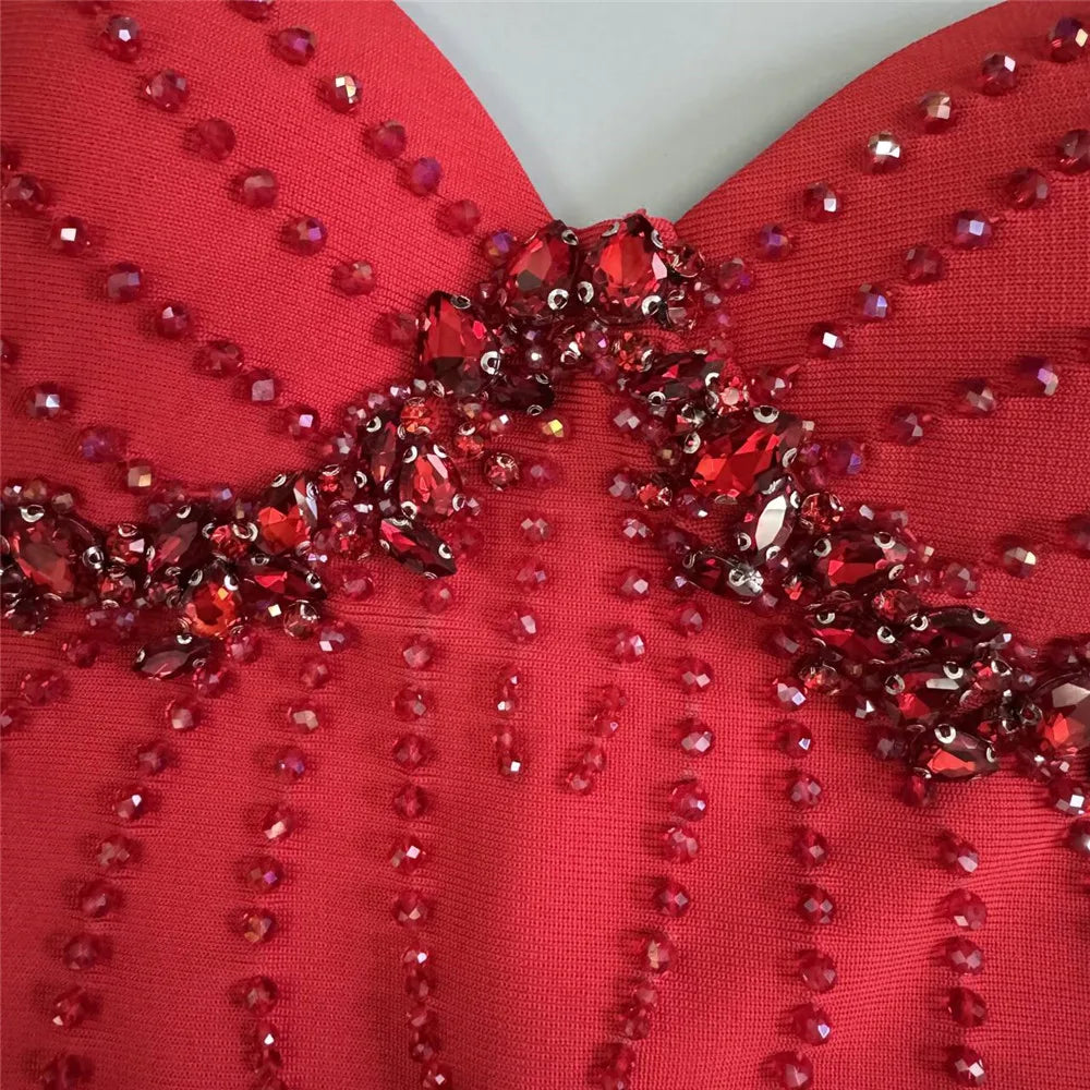 Women Sexy Beading Spaghetti Strap Bandage Dress Bodycon Clothes Club Party Celebrity Elegant Dresses