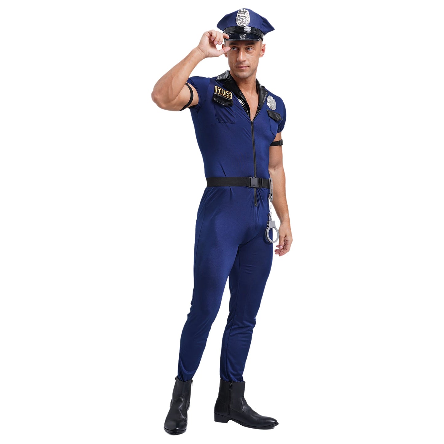 Mens Police Uniform Cosplay Outfits 7-Piece Dirty Cop Officer Costumes Front Zipper Role Play Jumpsuit Hat Belt Manacles Badge