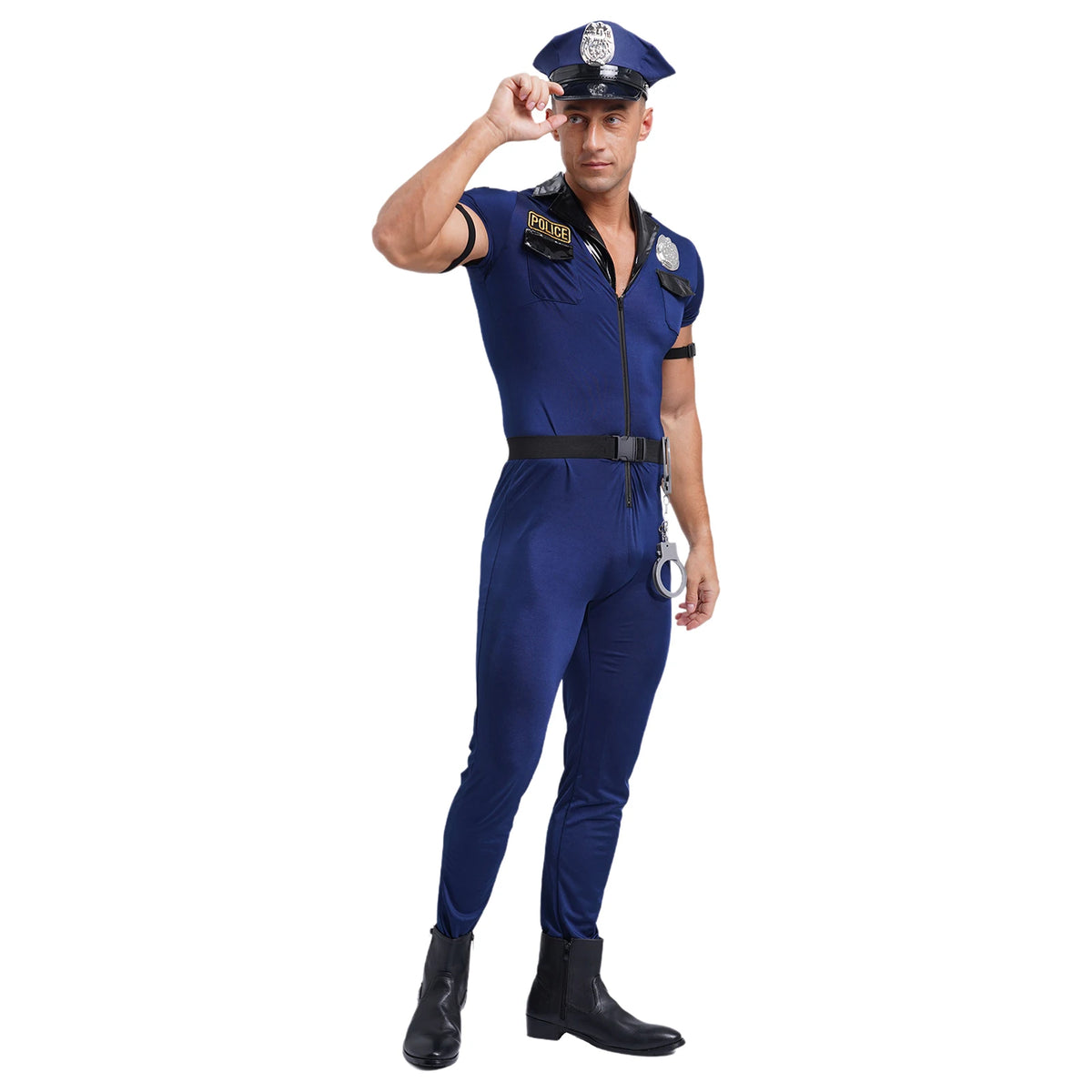 Men Police Uniform Cosplay Outfits Dirty Cop Officer Role Play Policeman Costume Front Zipper Jumpsuit Hat Belt Manacles Badge