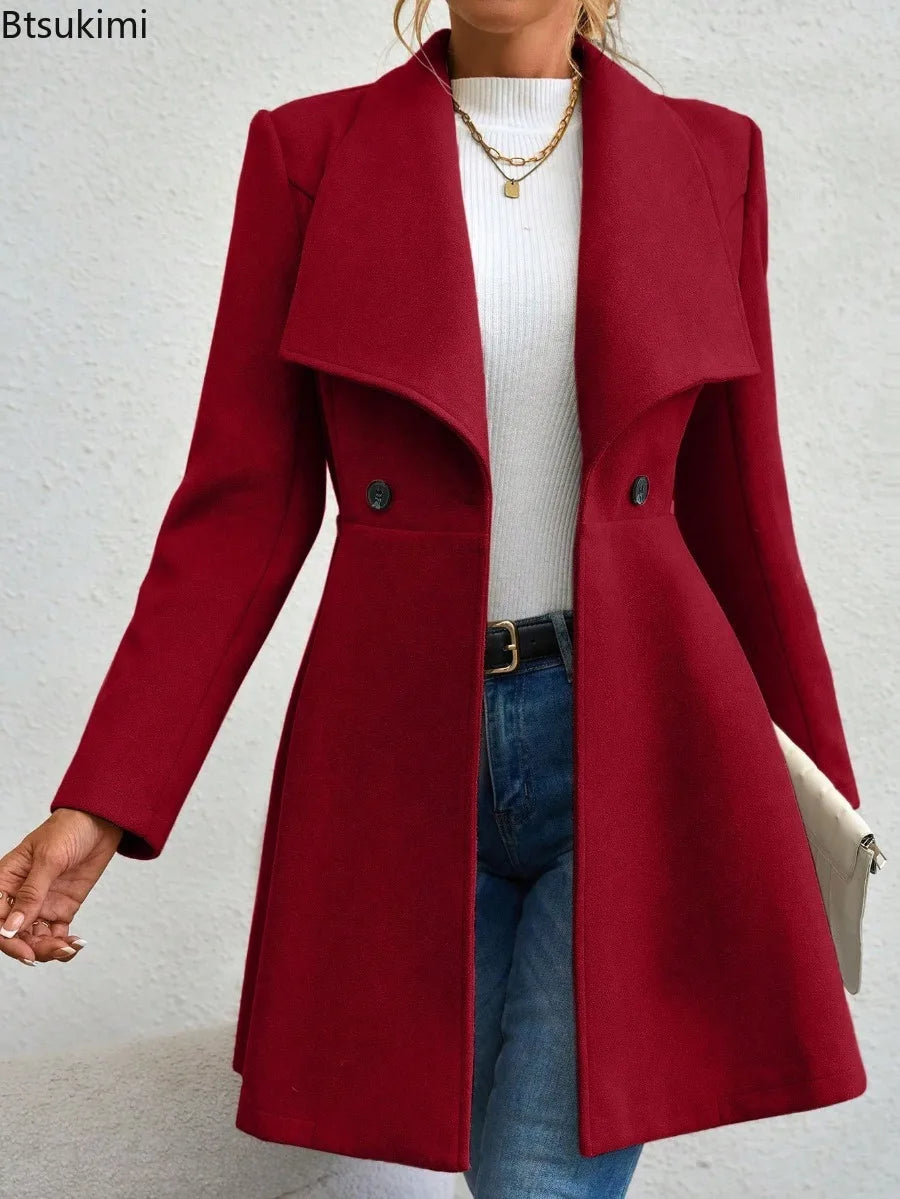 Autumn Winter Women Coat Fashion Solid Color Lapel Collar Single-breasted Slim Fit Female Woolen Coat Mid Length Lady Overcoat