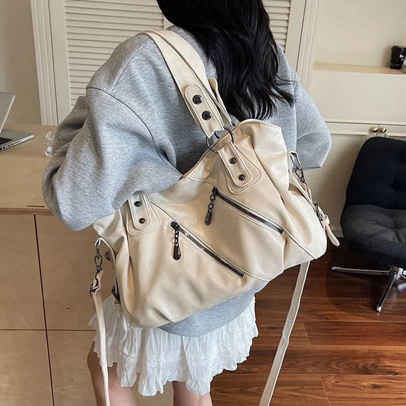 Retro Brand Roomy Shoulder Bag Female Luxury Solid Color Classic Crossbody Bag Large Capacity Style Soft PU Leather Tote Bag