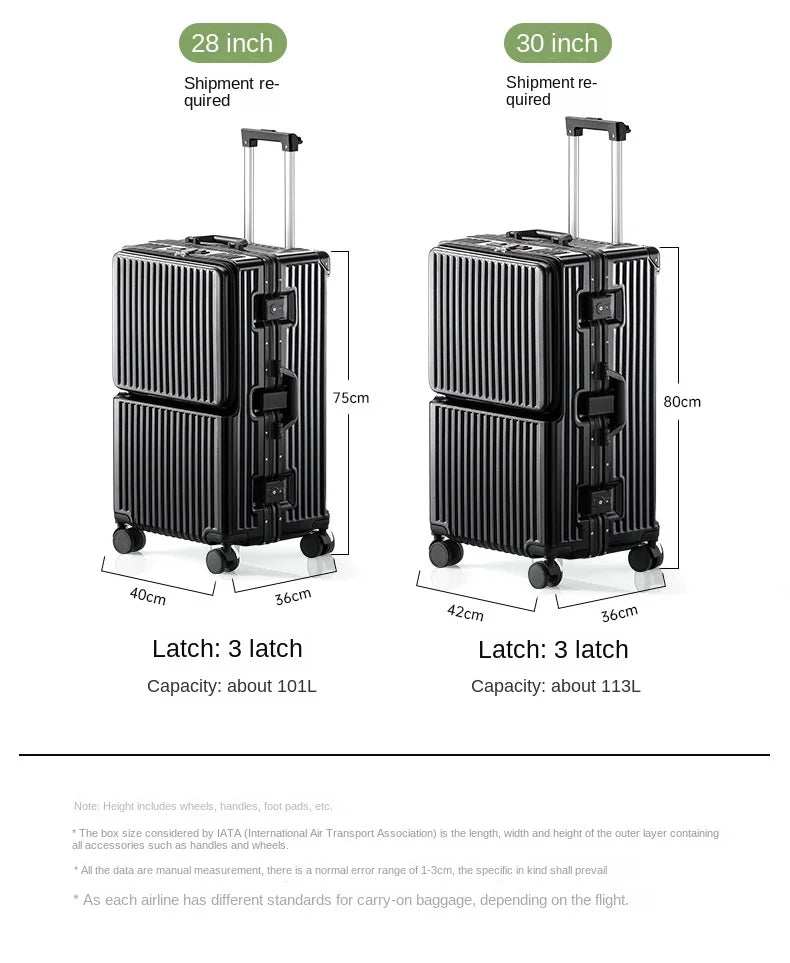 Front Opening Suitcase 20 inch Boarding Box Trolley Case 28/30 inch Luggage Large Capacity Aluminium Frame Suitcase Password Box