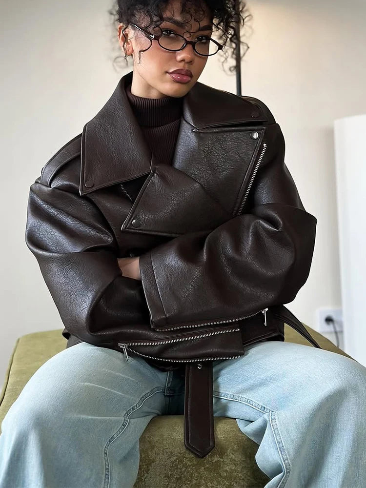 Women Chic Brown Leather Jacket With Belt Chic Full Sleeve Laple Zipper Short Coats 2026 Autumn New Ladies Street Biker Jackets