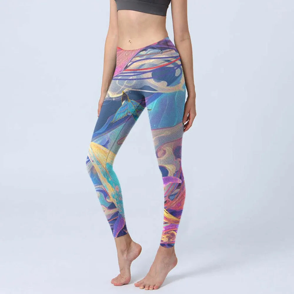 Women High Waisted Yoga Pants Tummy Control Leggings Floral Butterfly Landscape Printed Workout Gym Fitness Running Tight Pants