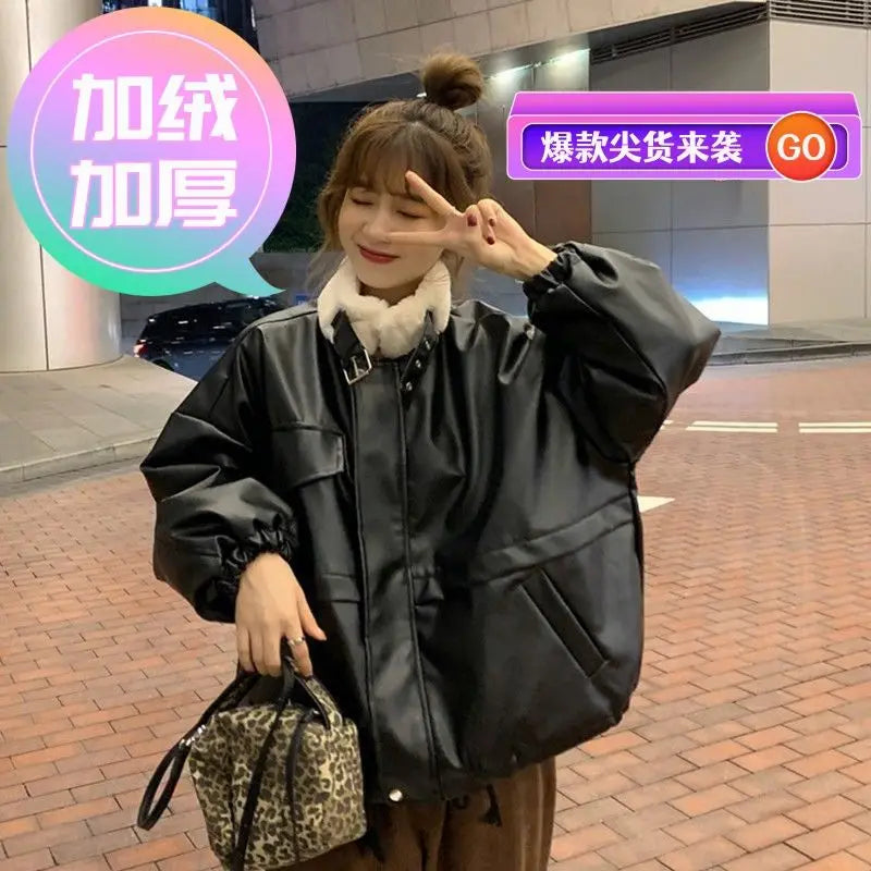 2026 Winter Age Reduction with Thick Velvet Loose Stand up Collar Motorcycle Wear PU Leather Jacket Long Sleeve Coat for Women