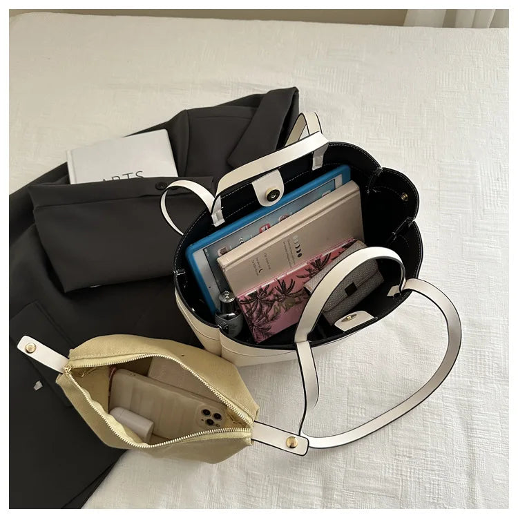 Solid Color Soft Leather Handbag Women Single Shoulder Tote Bag, Large Capacity Commuting Set Handbags Shopping Cross Body Bags