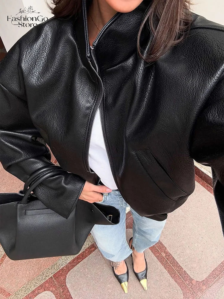 Black Short Leather Jacket Vintage Women's Stand Collar Full Sleeve V-neck Loose Jackets 2026 Lady  Autumn Casual Casual Outwear