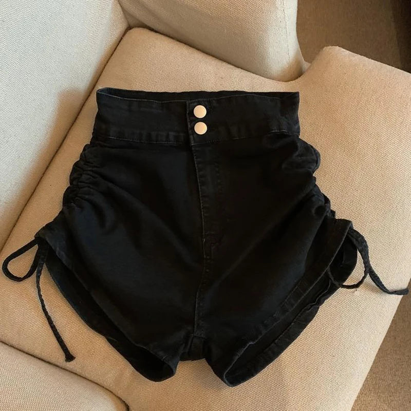 Zoki Sexy Shirring Slim Denim Shorts Women Fashion Korean High Waist Casual Shorts Summer Button All Match Harajuku Shorts New