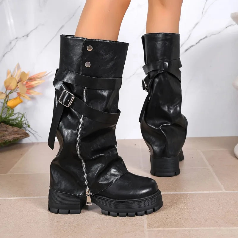 Platform Chunky Sole Women Knee High Boots Buckle Strap Side Zipper Shoes Autumn Winter Vintage Ladies Non Slip Long Boots