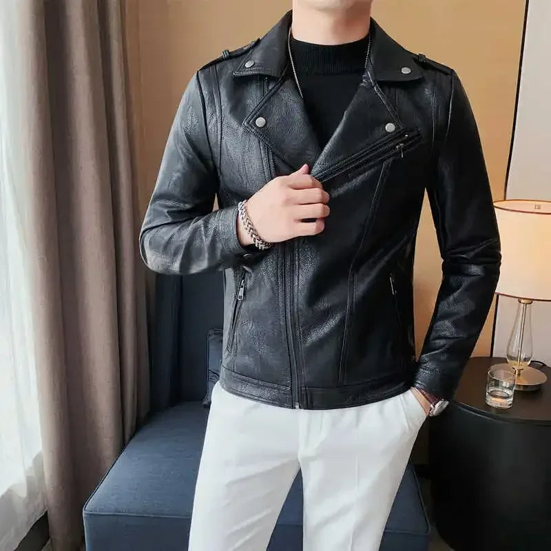 Men High Quality Faux Leather Jacket Vintage Oblique Zipper  Slim Fit Motorcycle Outwear Male Autumn Winter PU Leather Coats