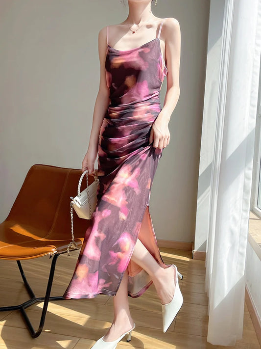 Ele Printed Me Split Dr Women's Summer Vintage A-Line Midi Dr Body-a Light Mature Sle TING