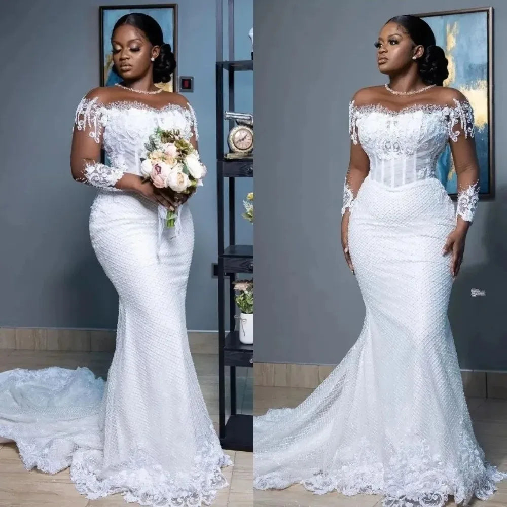 Custom 2026 New African Mermaid Wedding Dresses Elegant Sheer Long Sleeves Bridal Gowns O-neck Applique Second Reception Dress