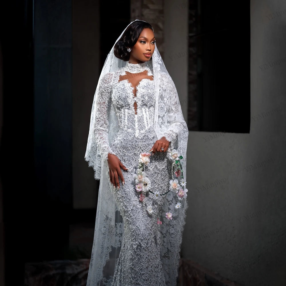 Luxury Mermaid Wedding Dresses for Africa Bride Long Sleeves Sweep Train Lace Pearls Sequined Bridal Reception Gowns Customized