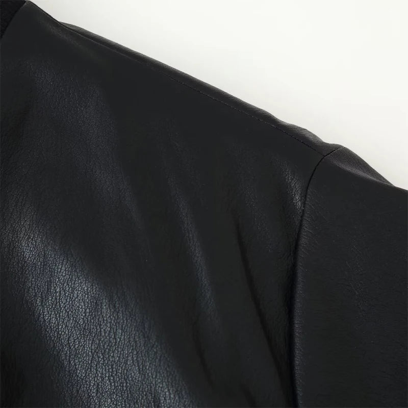  Women's Faux Leather Bomber Jacket Black Stand Collar Cropped Loose Vintage Outerwear 2026 Autumn Lady Street Chic Casual Coat