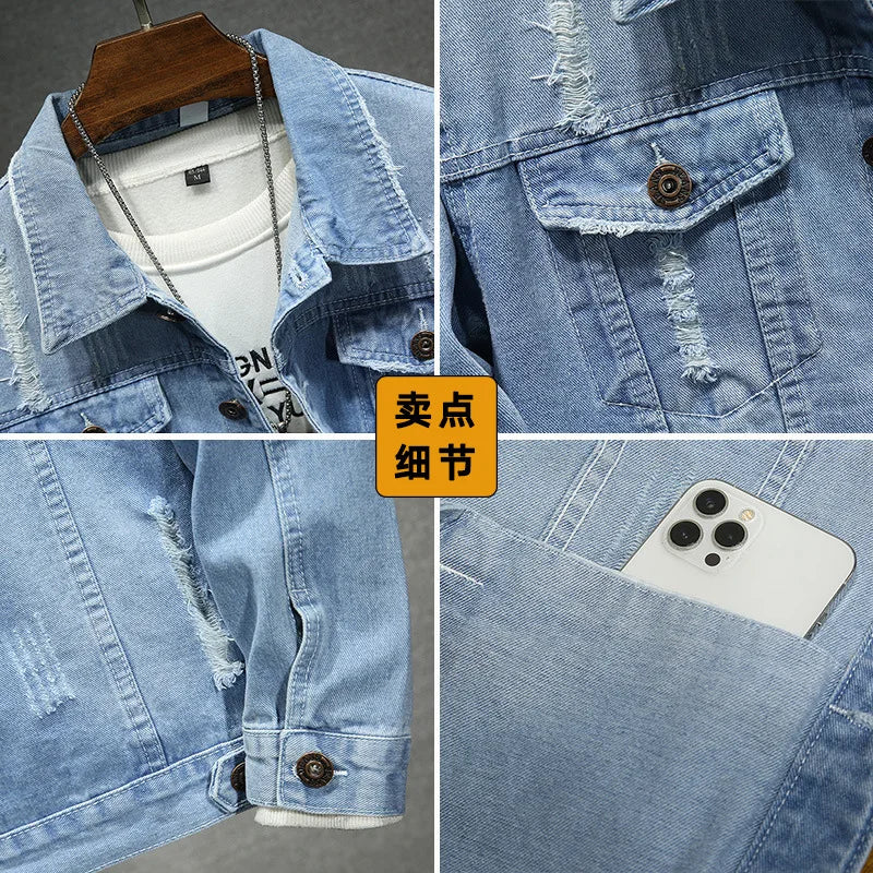 QICHE New Spring Autumn Men Light Blue Slim Denim Jacket Distressed Ripped Casual Outerwear