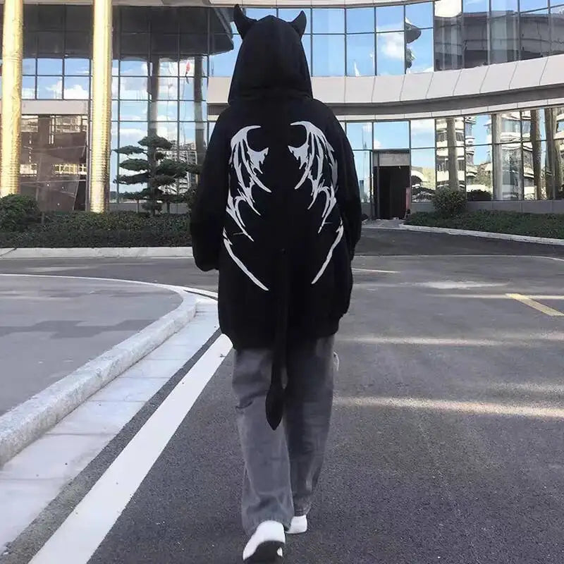 2025 Autumn Harajuku Hoodies Women Gothic Devil Horn Hooded Sweatshirt Halloween Cos Clothes Detachable Tail Zip-Up Outwear
