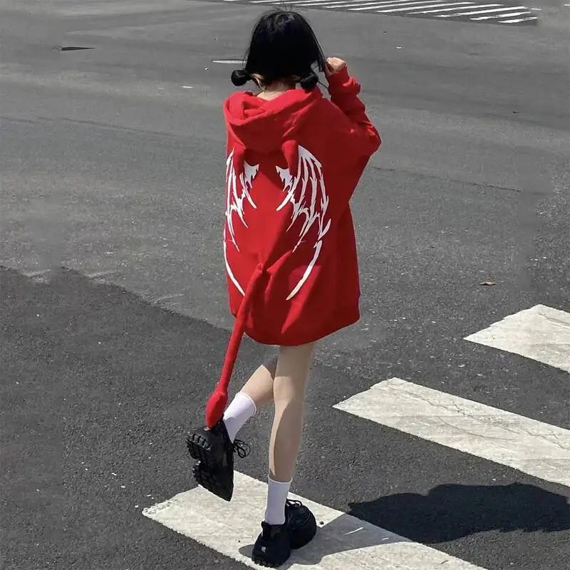 2025 Autumn Harajuku Hoodies Women Gothic Devil Horn Hooded Sweatshirt Halloween Cos Clothes Detachable Tail Zip-Up Outwear