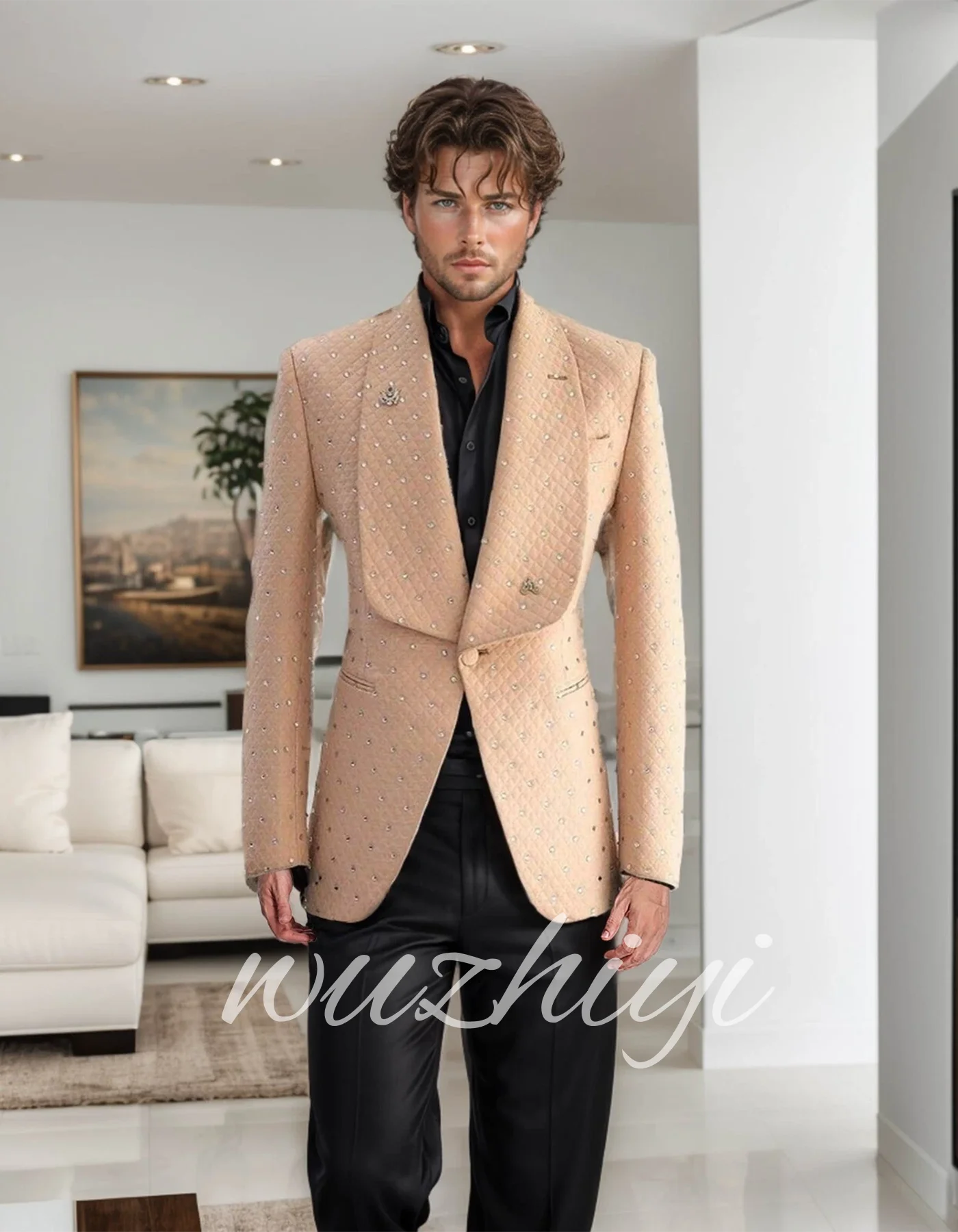 Luxury Beading Men's Groom Rhinestone Suit Pant Single Breasted Wedding 2 Piece Slim Fit Suits Formal Groom Suit Male Customized