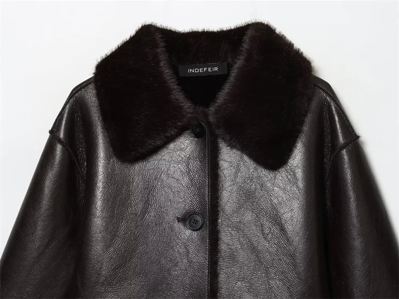 Women's Jacket 2025 Autumn/Winter New Arrivals Dark Brown Long-Sleeve Faux Leather Reversible Jacket Stylish and Unique