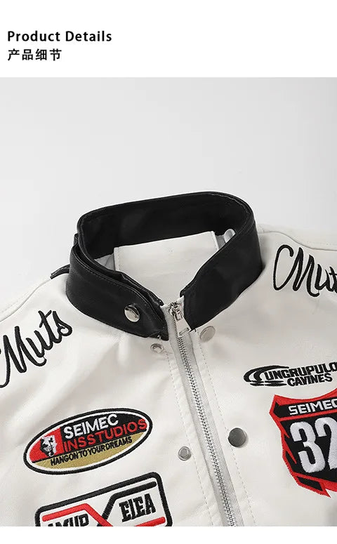 Women's Embroidered White PU Leather Jacket Motorcycle Wear Trendy Jazz Dance Autumn 2025 Collection New Arrival