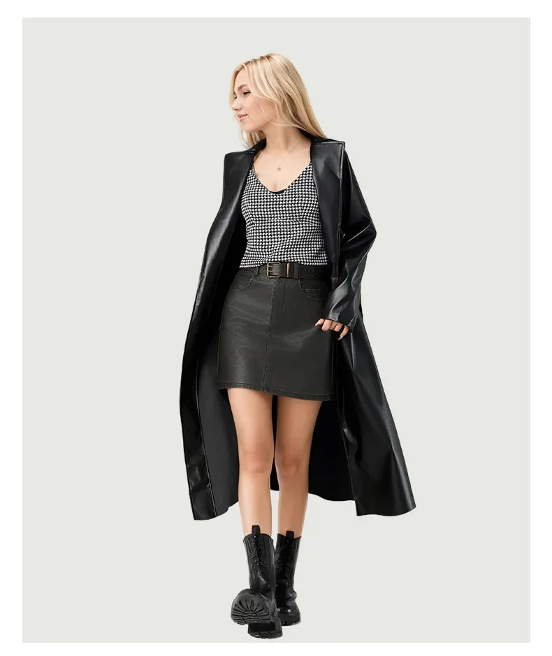 Women's Streetwear Windbreaker Black Tie Up Pu Leather Jackets For Women Fall Winter Windproof Anoraks Trench Coat For Women