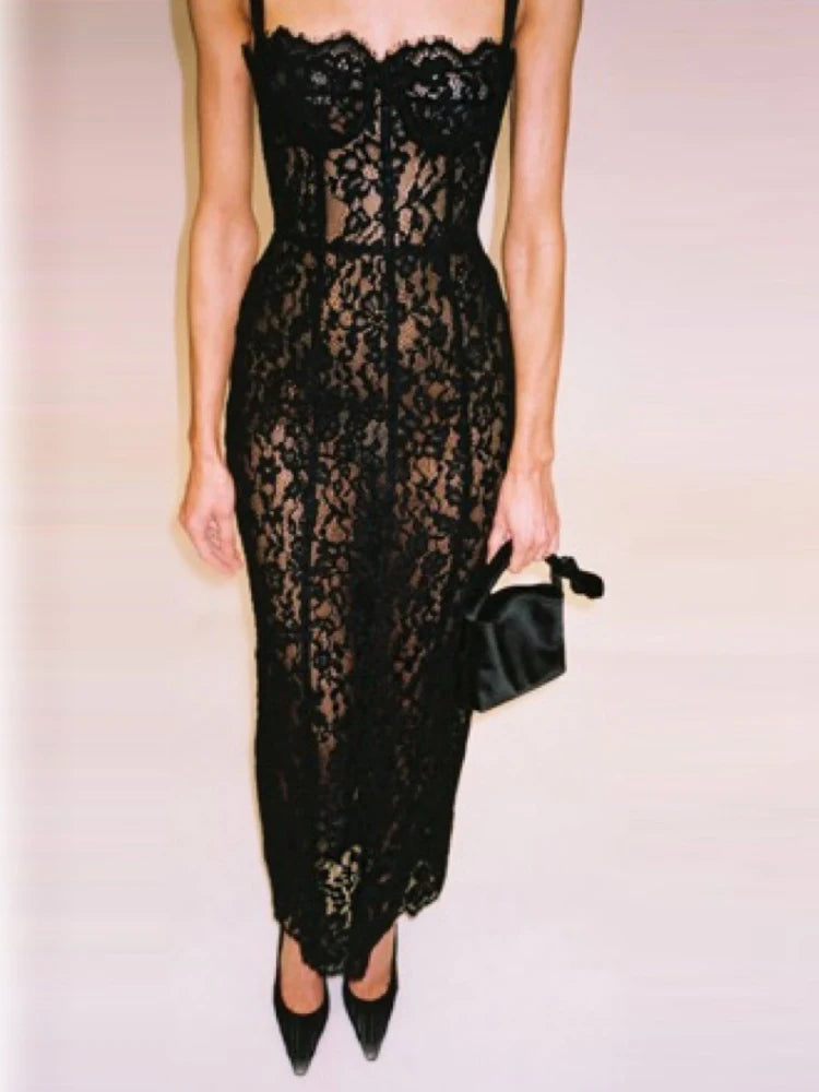 Sexy Spaghetti Strap V Neck Lace Long Dress Women Black Floral Lace Sleeveless Bodycon Dresses Elegant Evening Celebrity Party