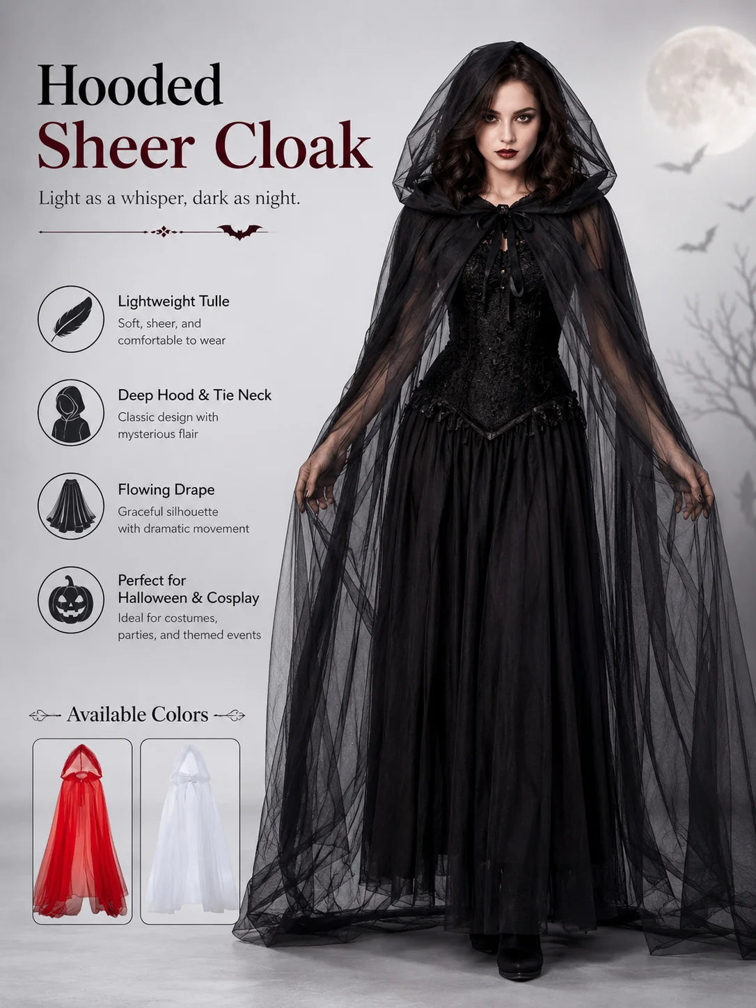 Sheer Tulle Hooded Full‑Length Cape for Women, Lightweight Flowy Gothic Cloak with Neck Tie, Halloween Witch Vampire Cosplay Costume Accessory for Fancy Dress Party Photo Shoot