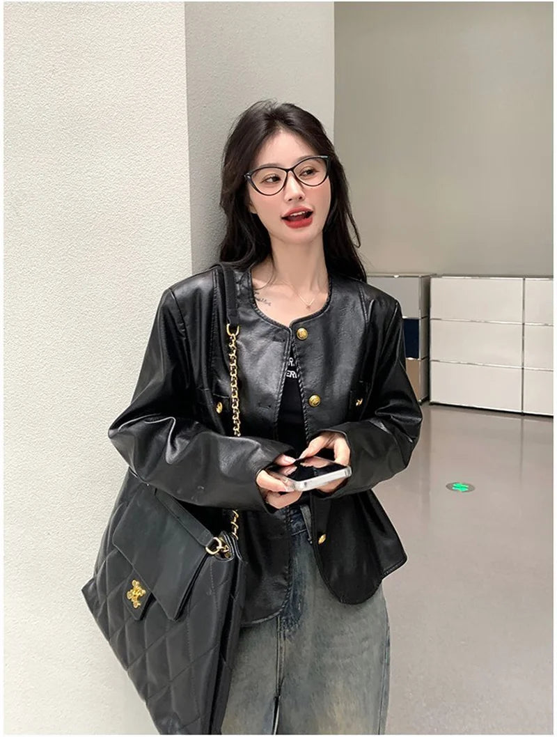 Small Fragrance Leather Jacket Women's Spring Autumn 2026New PU Leather Coat Lady Short High Sense Outerwear Popular Female Tops