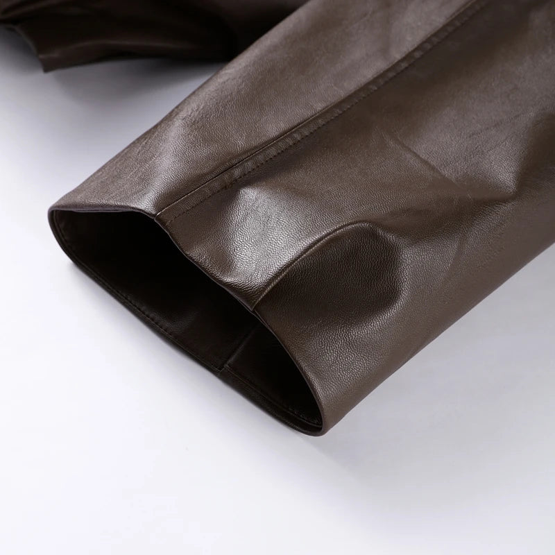 Casual Lapel Zipper Waist Belt Short Leather Jacket 2026 Women Loose Solid Pocket Pu Coat Autumn Lady Daily Highstreet Jackets