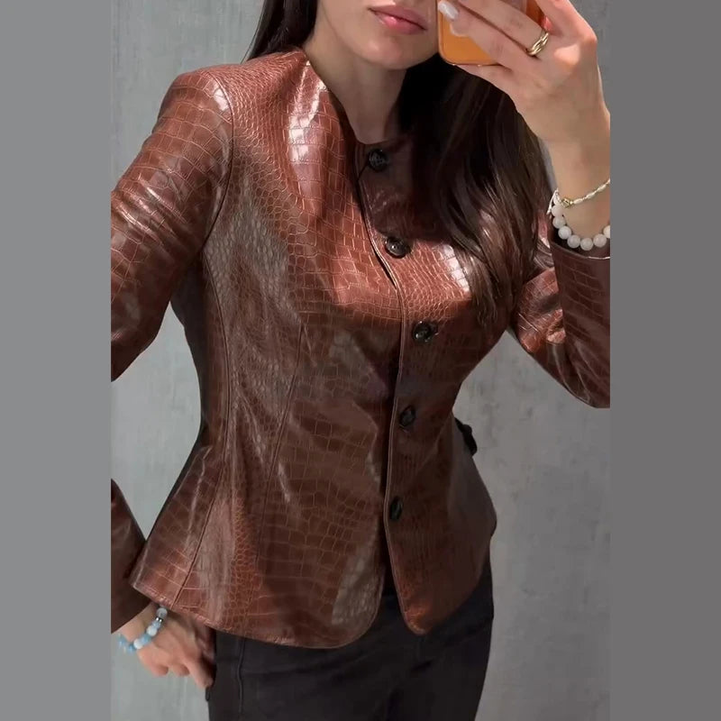 Street Fitted Leather Jackets Women Shoulder Pad Single Breasted Long Sleeves Pu Coats Female 2026 Autumn New Chic Outwears Lady