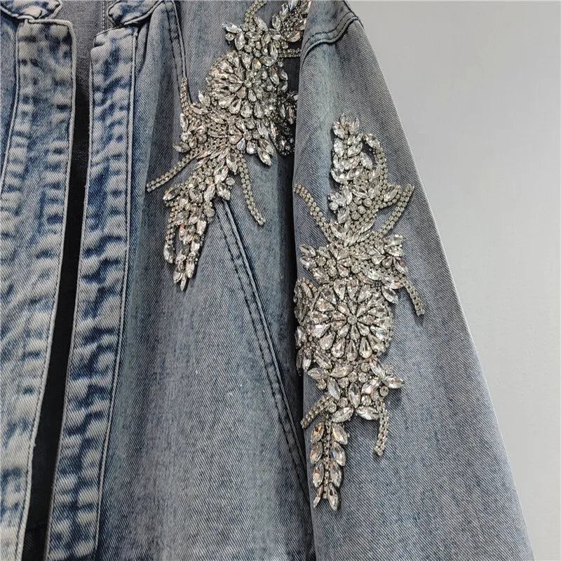 DEAT Women's Denim Coat Stand Collar Luxury Diamonds Shiny Female Buttonless Short Jackets 2026 Summer New Fashion 29A376