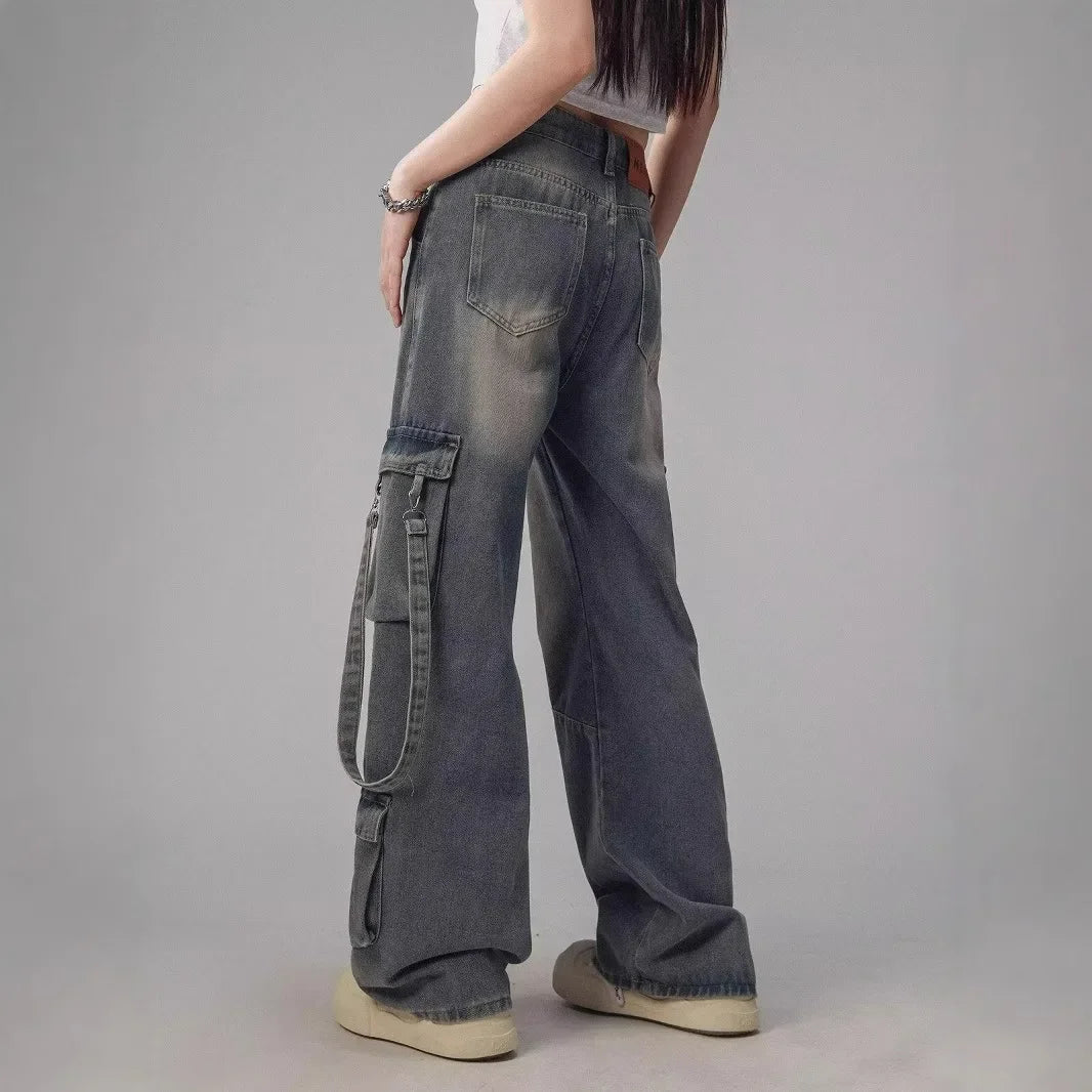 Cargo Straight Full Length Distressed Men Jean Spliced Loose Fit Washed Vintage Denim Pants High Waist Pockets Patchwork