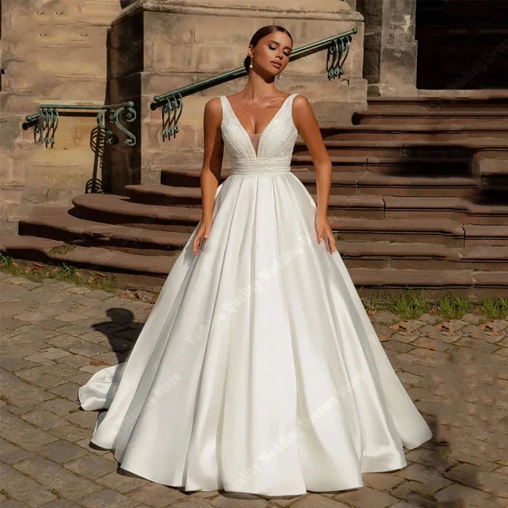 Elegant Deep-V Neck Sleevelss Women Wedding Dresses Sexy Tulle A-Line Bridal Gowns Ball Mopping Length Vestidos De Novias 2024