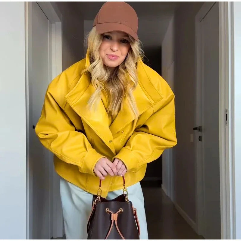 Fashion Solid Faux Leather Women's Jacket  Lapel Waist Cinching Loose Long Sleeves Coat Chic 2026 Spring Autumn New Street Wear