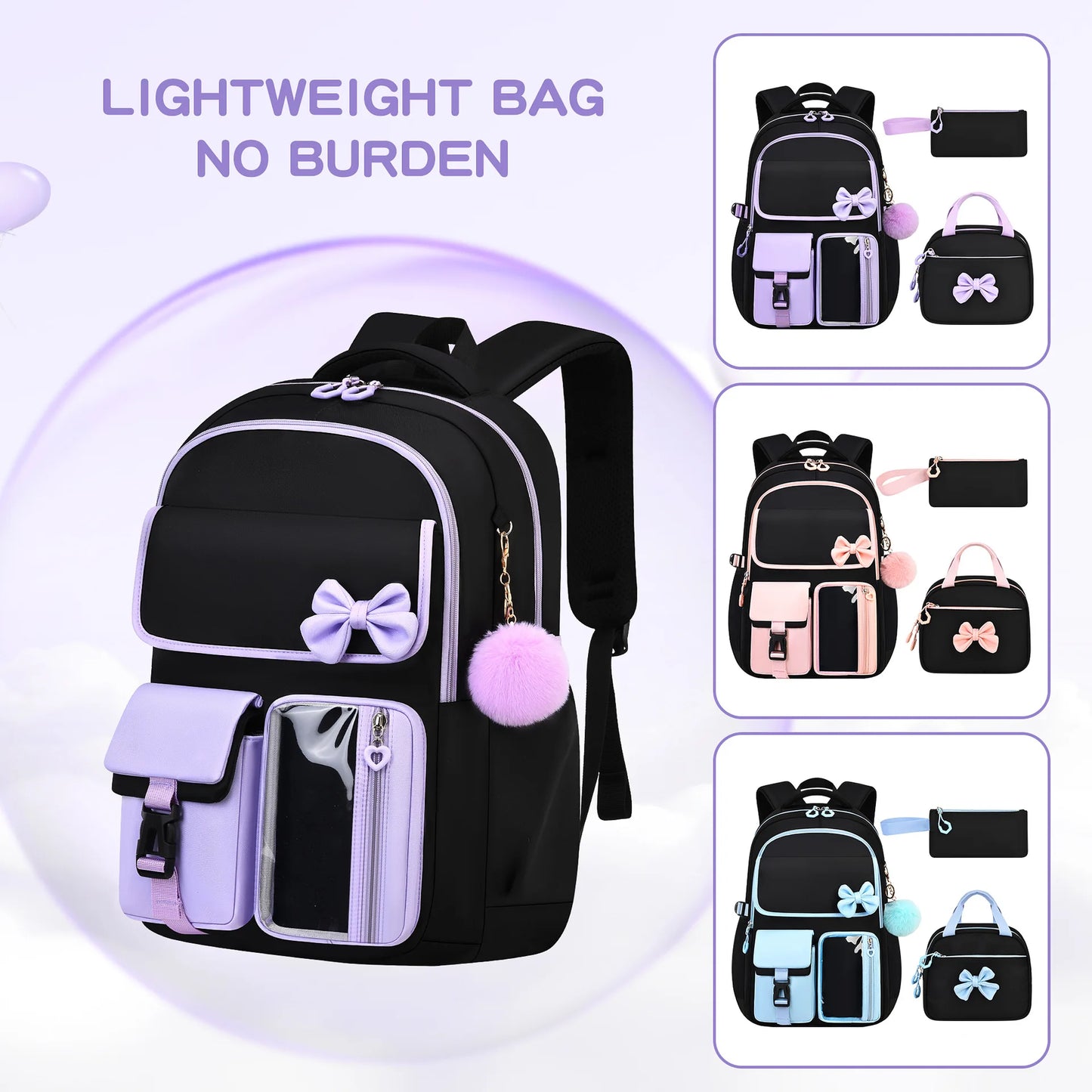 Three-piece Purple School Bag Set Casual with Pen Bag Students Schoolbag Durable with Lunch Bag Large Capacity bow Backpack book