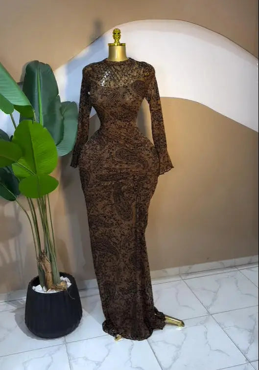 CM.YAYA Women Long Sleeve Stacked Mesh See Though with Lining Bodycon Long Dress 2025 Autumn Evening Birthday Sexy Party Dresses