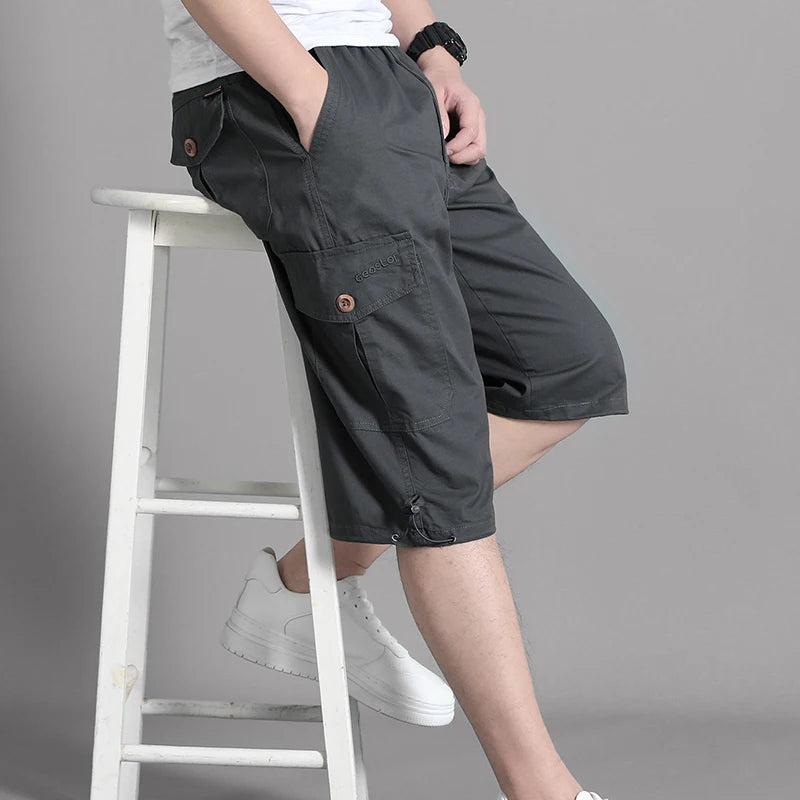 Zipper Pocket Workwear Shorts Mens Knee Cargo Pants 2026 Summer Cotton Shorts Men Climbing Jogger Elastic Waist Sports Work Wear