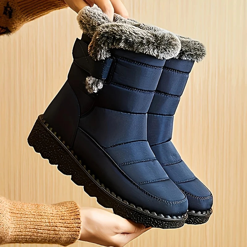 Women Winter Mid Calf Snow Boots Thick Plush Lined Warm Booties Magic Strap Waterproof Non Slip Flat Sole Thermal Shoes for Daily Walking Cold Weather Black Navy Wine Red Multi Colors Ladies Casual Winter Footwear